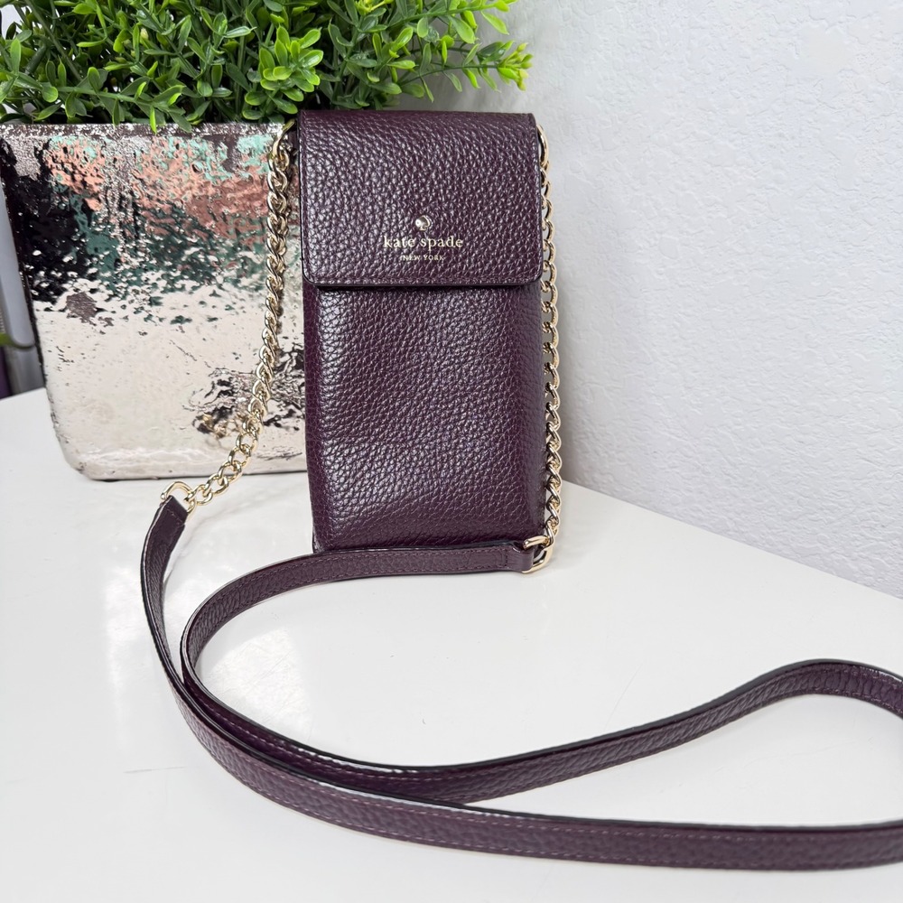 Kate Spade Phone Crossbody Women Purple Pebbled Leather Gold Chain Classic OS